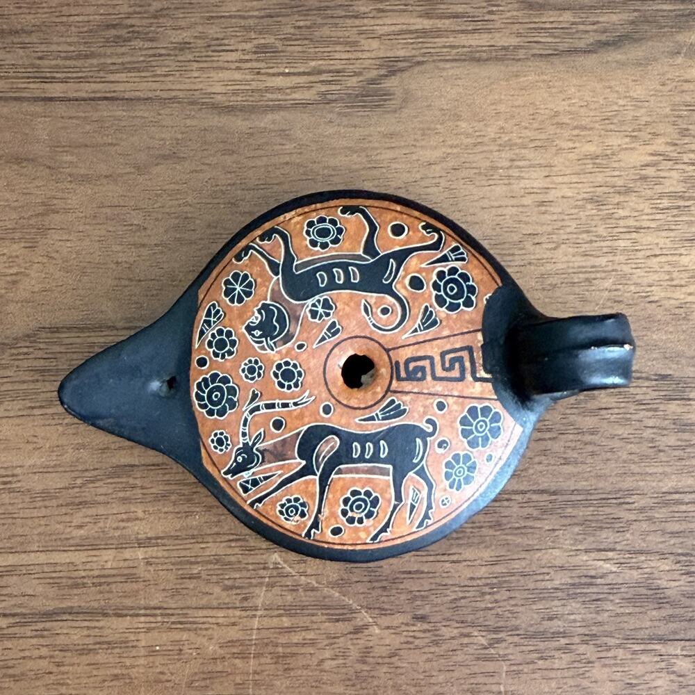 Vintage Greek Oil Lamp Reproduction Corinthian Style 550 BC Animal Motif Painted